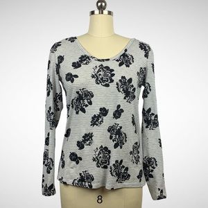 Loft Black & White Stripe Flower Long Sleeve Tee M